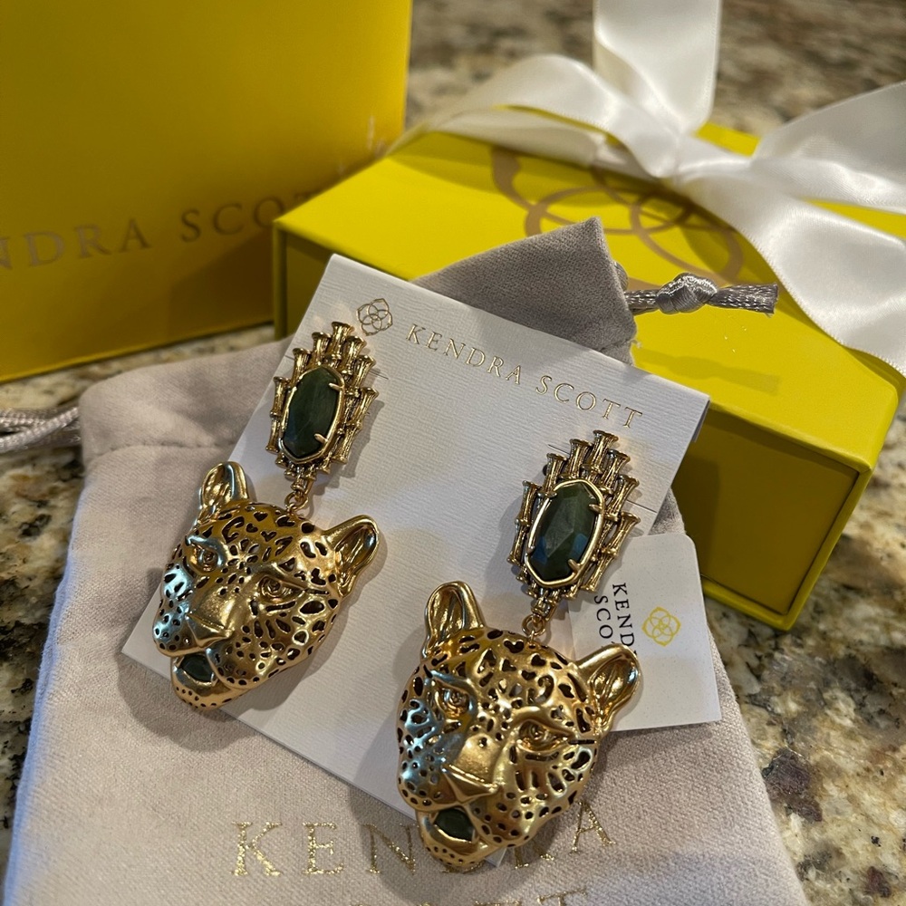Kendra Scott Gold and Green Leopard Earrings